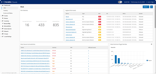 This image demonstrates a view of Tenable’s OT Security Risk dashboard.